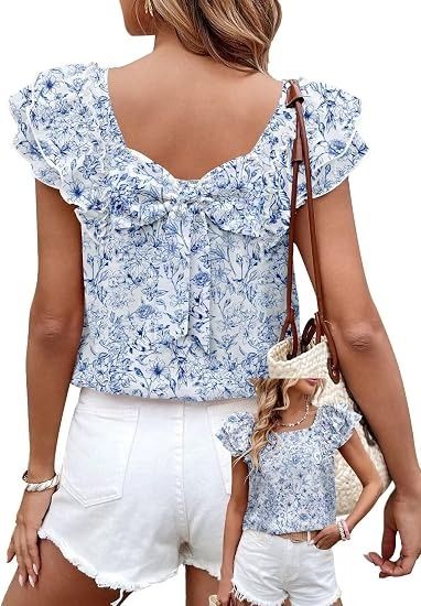 Blue Floral Ruffle Sleeve Blouse image 5